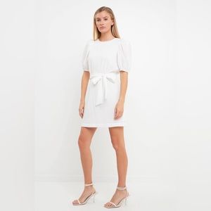 ENGLISH FACTORY PUFF SLEEVE WHITE SHEATH DRESS CHECK PRINT MINI DRESS Medium